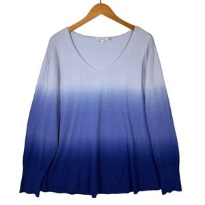 Chico's XXL Blue Ombre Sweater Nautical V Neck Knit Top Long Sleeve Lightweight